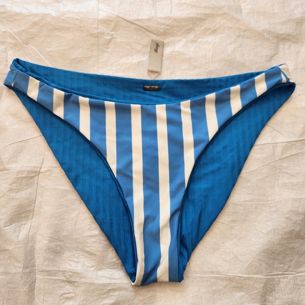 New Maaji Women's Blue Reversible to Stripe Print Bikini Bottoms L Large